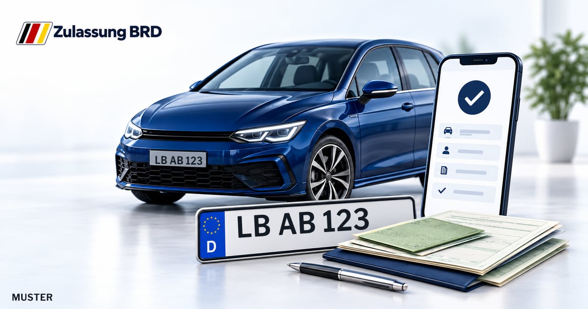 Online Fahrzeugzulassung in Landkreis Ludwigsburg: Musterkennzeichen LB AB 123, Auto und Fahrzeugpapiere und Smartphone. Illustration mit Logo von Zulassung BRD.